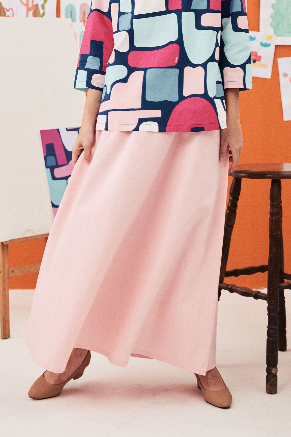 baju raya family sedondon women flare skirt soft pink