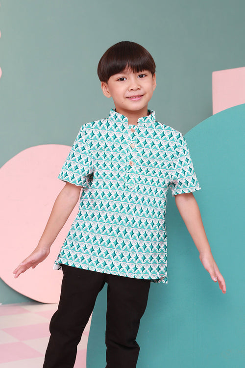 The Nikmat Collection Boy Short Sleeves Shirt Mint Drops Print