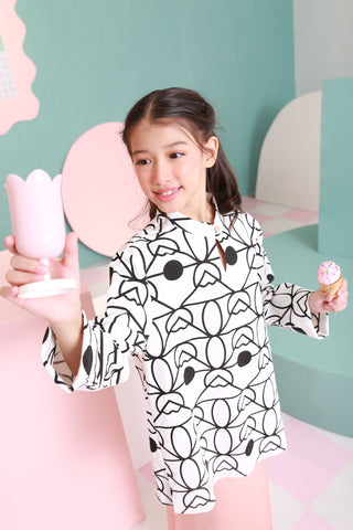 The Nikmat Collection Girl Mandarin Collar Kurung Top Fuji Print