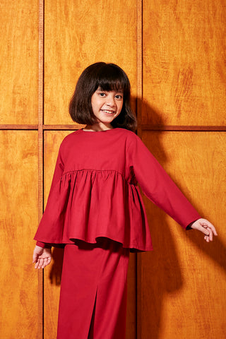 baju raya family sedondon kids girl ruffle blouse top red