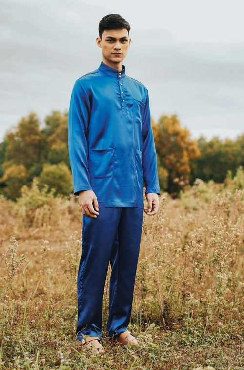 The Shawwal Collection Men Baju Melayu Set Royal Blue Satin
