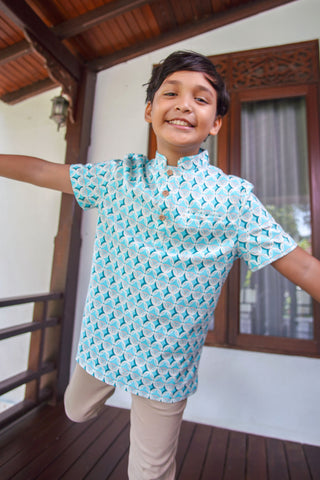 The Nikmat Collection Boy Short Sleeves Shirt Mint Drops Print