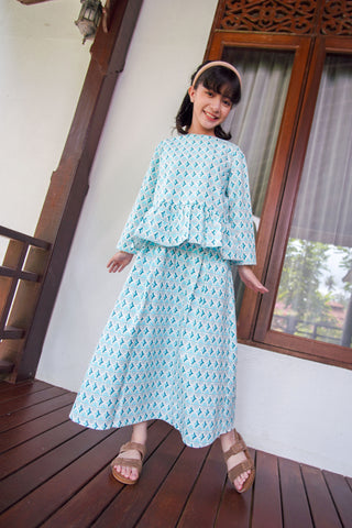 The Nikmat Collection Girl Petit Ruffle Blouse Mint Drops Print