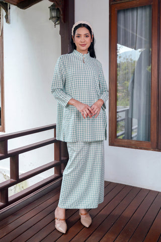 The Nikmat Collection Women Mandarin Collar Kurung Blouse Checked Tiffany