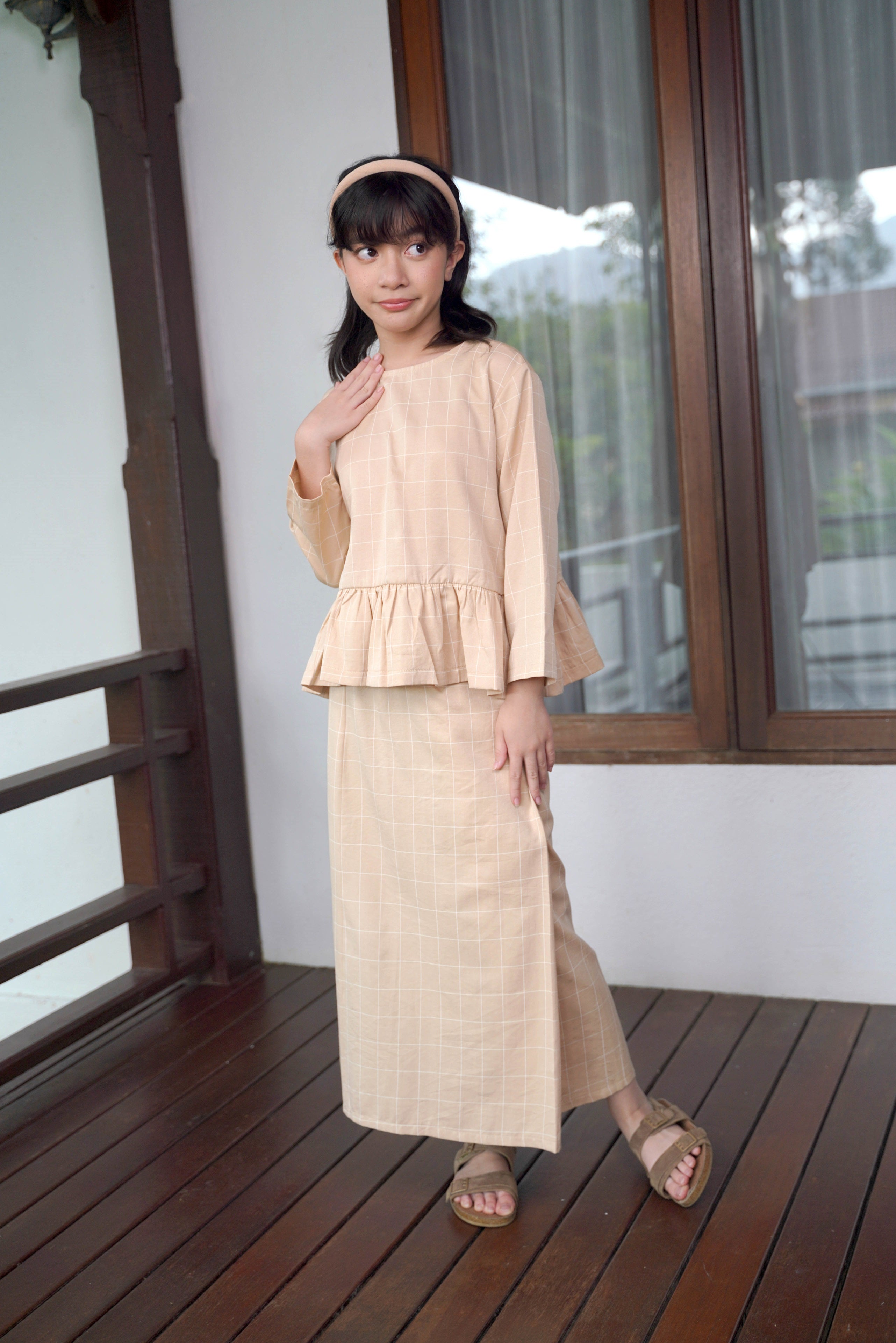 The Nikmat Collection Girl Petit Ruffle Blouse Checked Caramel