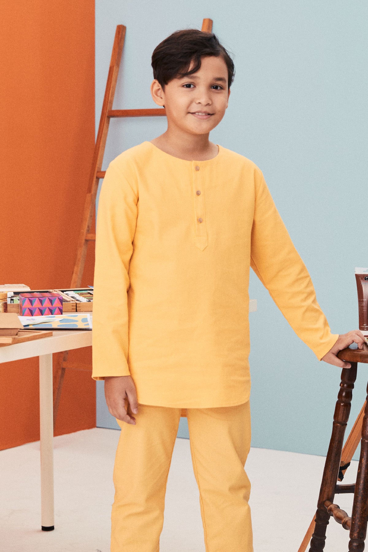 baju raya family sedondon kids boy kurta top lemon yellow