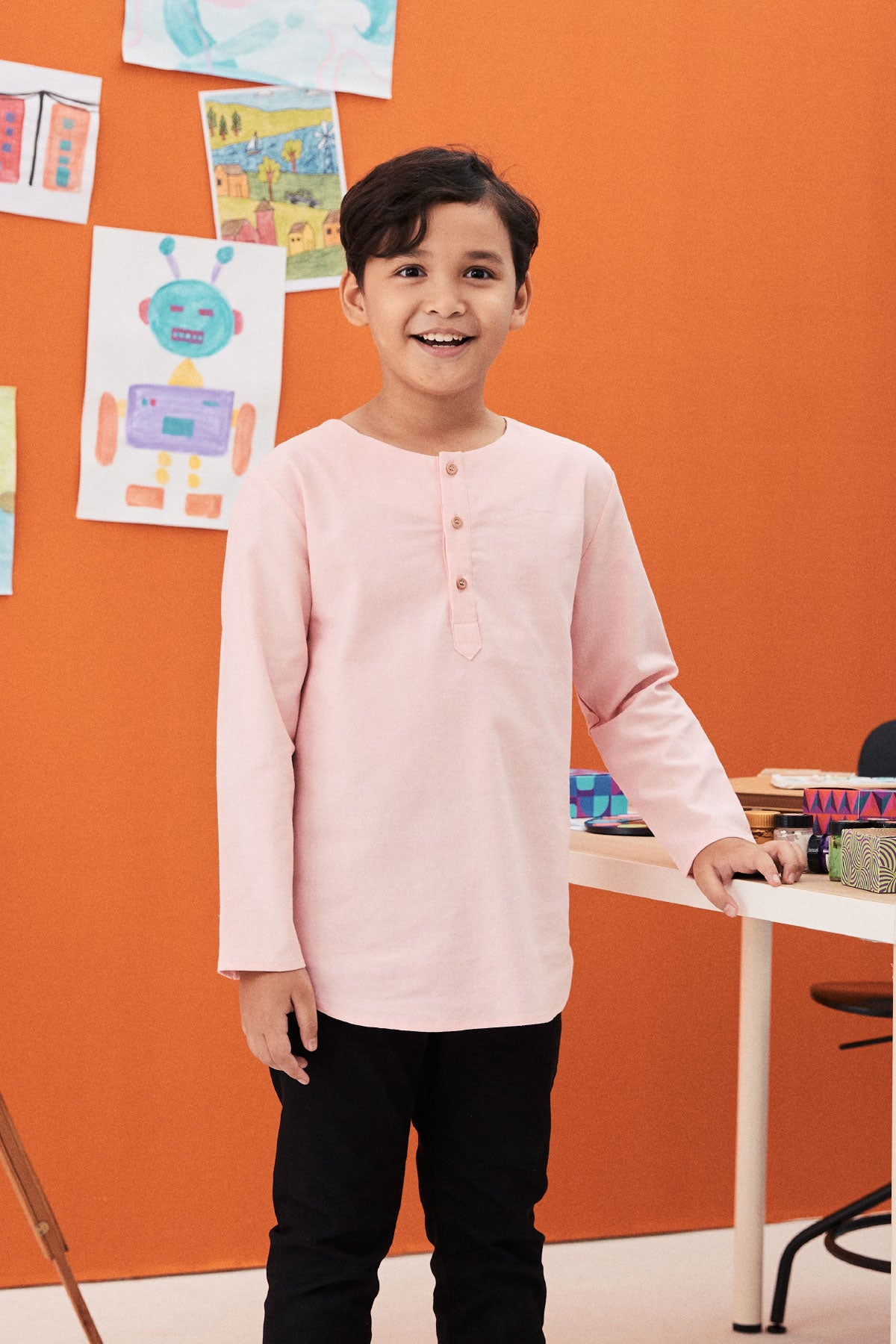 baju raya family sedondon umbi kids boy kurta top soft pink