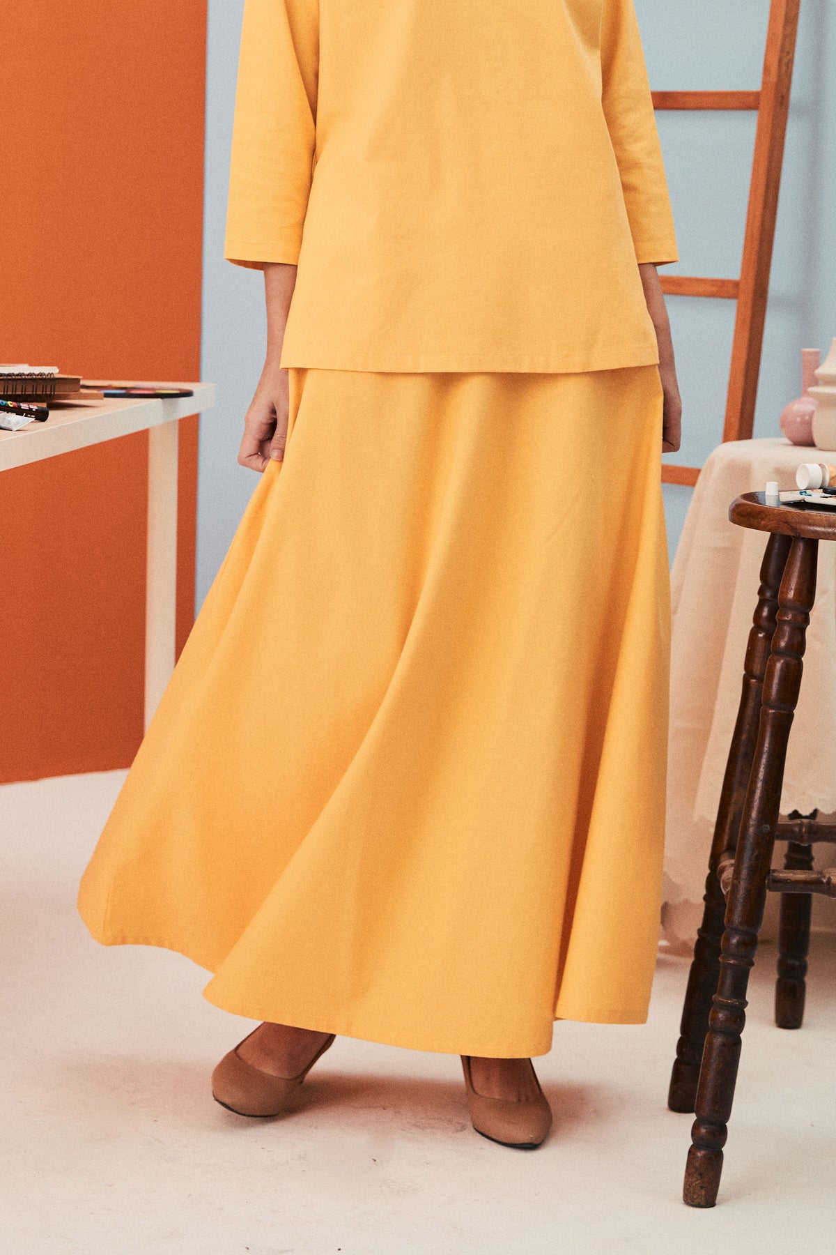 baju raya family sedondon women flare skirt lemon yellow