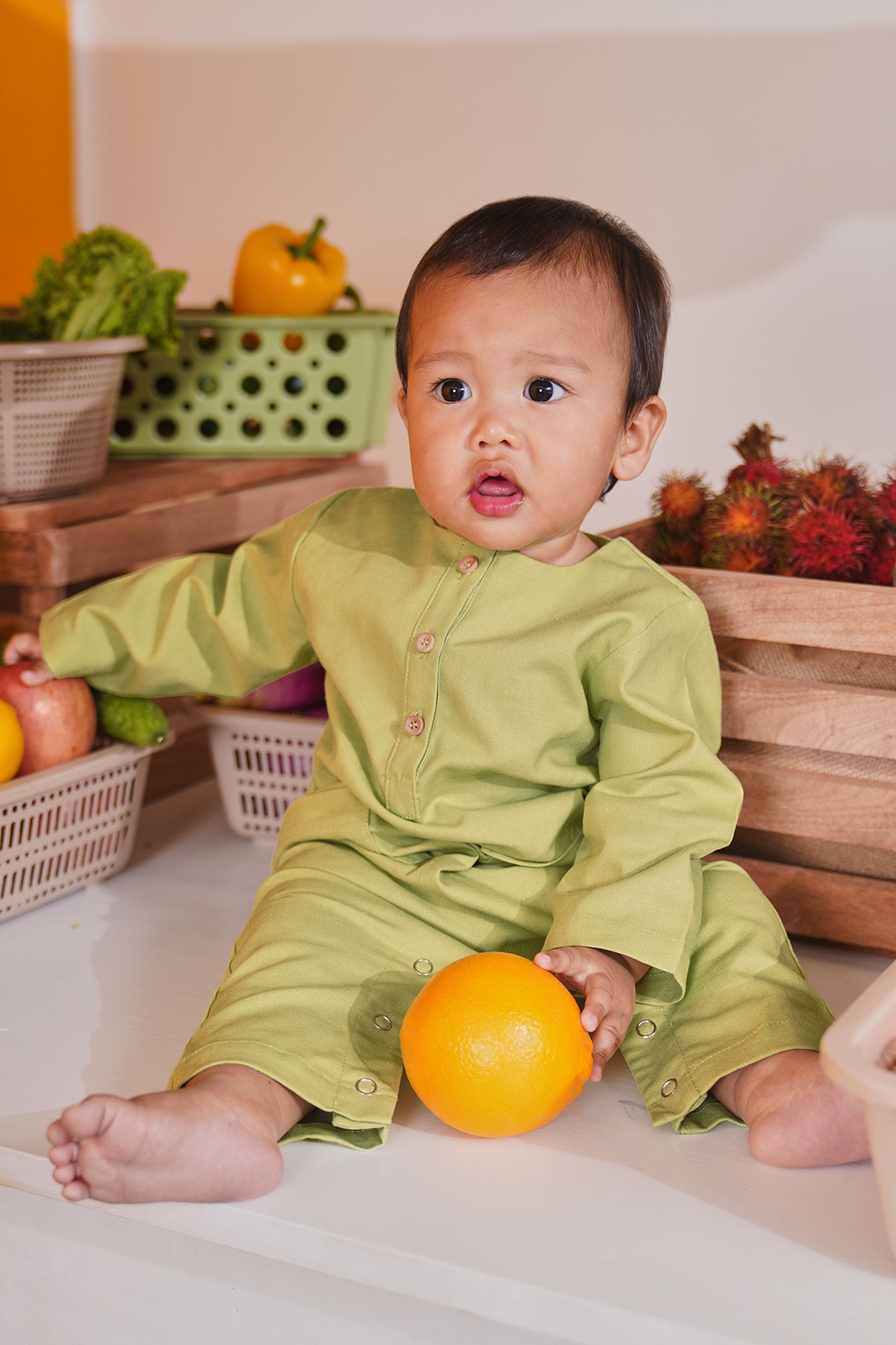 Baju raya family sedondon baby jumpsuit lime green