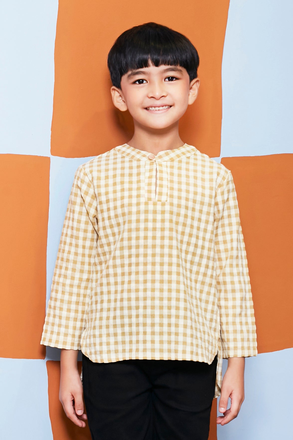 baju raya family sedondon boy kurta teluk belanga checked yellow