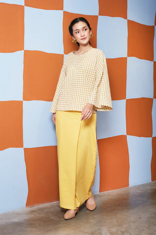 women top flare sleeves checked yellow