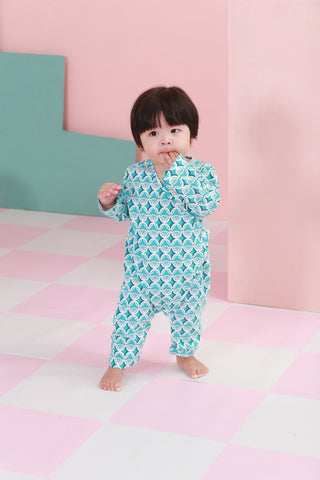 The Nikmat Collection Baby Kimono Jumpsuit Mint Drops Print