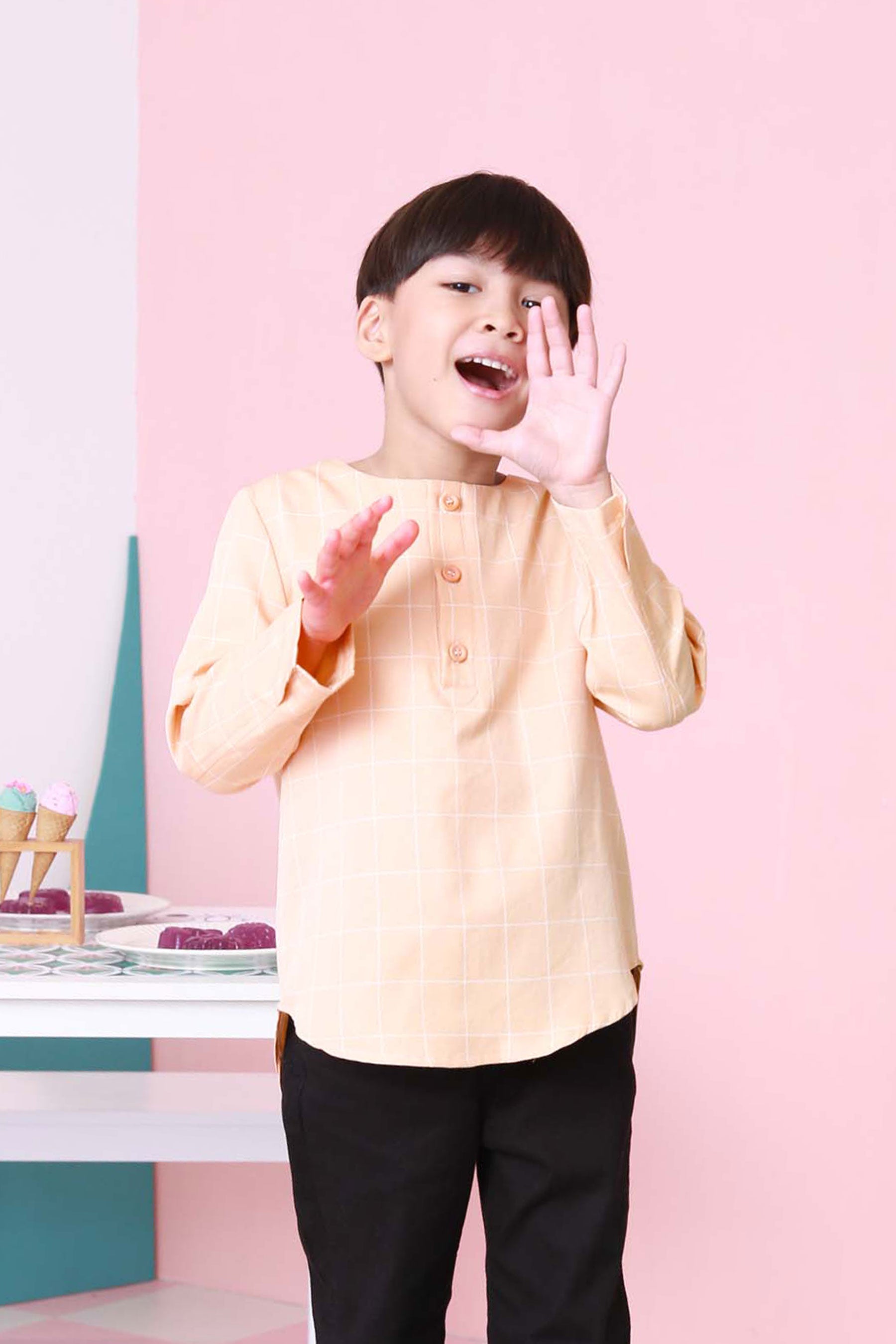baju raya family sedondon kids boy kurta top checked caramel