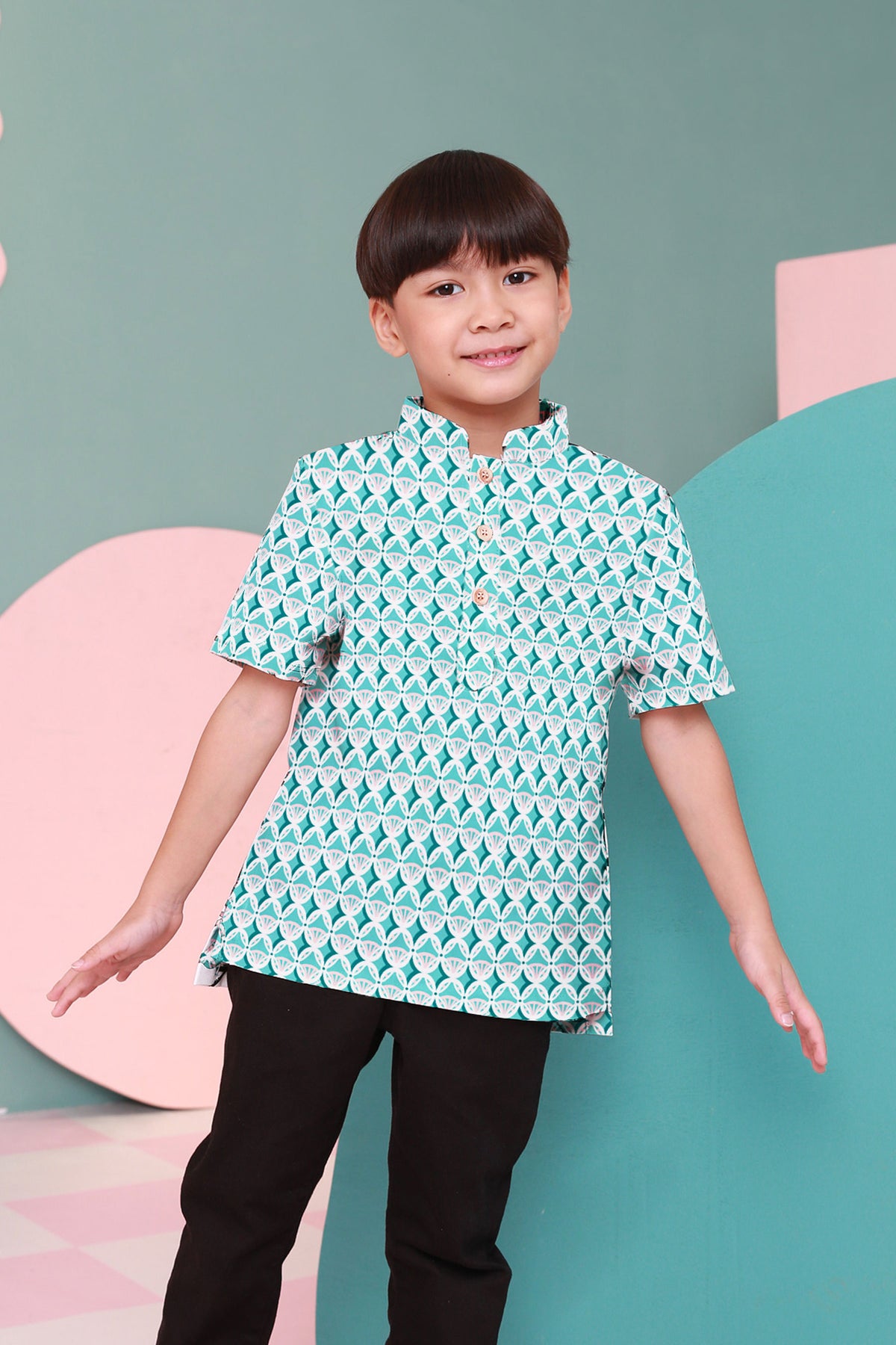 baju raya family sedondon kids boy short sleeve shirt mint drops print 