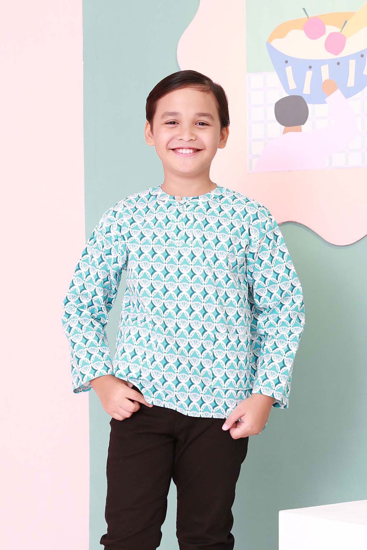 baju raya family sedondon kids boy teluk belanga kurta top mint drop print
