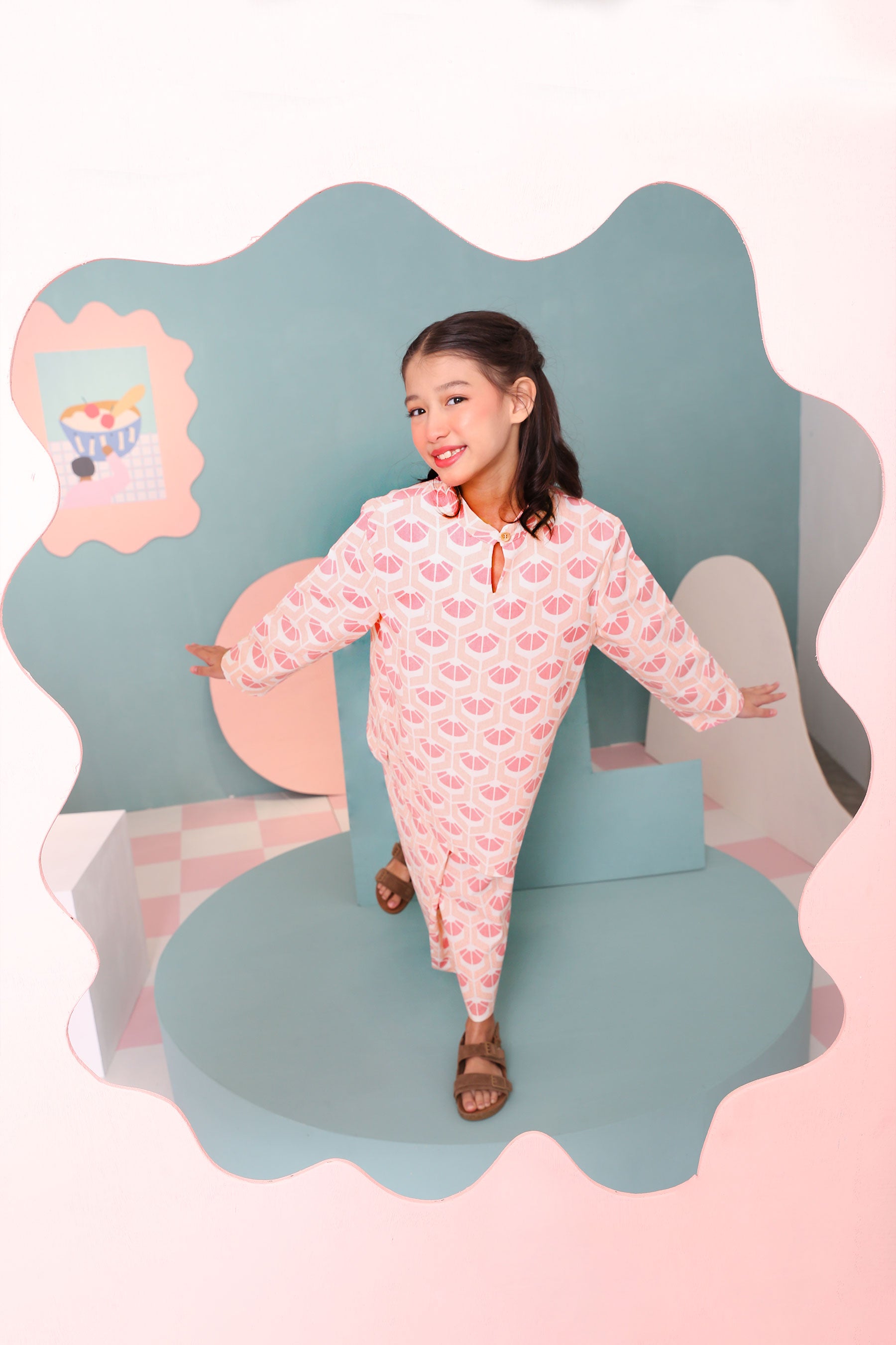 The Nikmat Collection Girl Mandarin Collar Kurung Top Cupcake Print