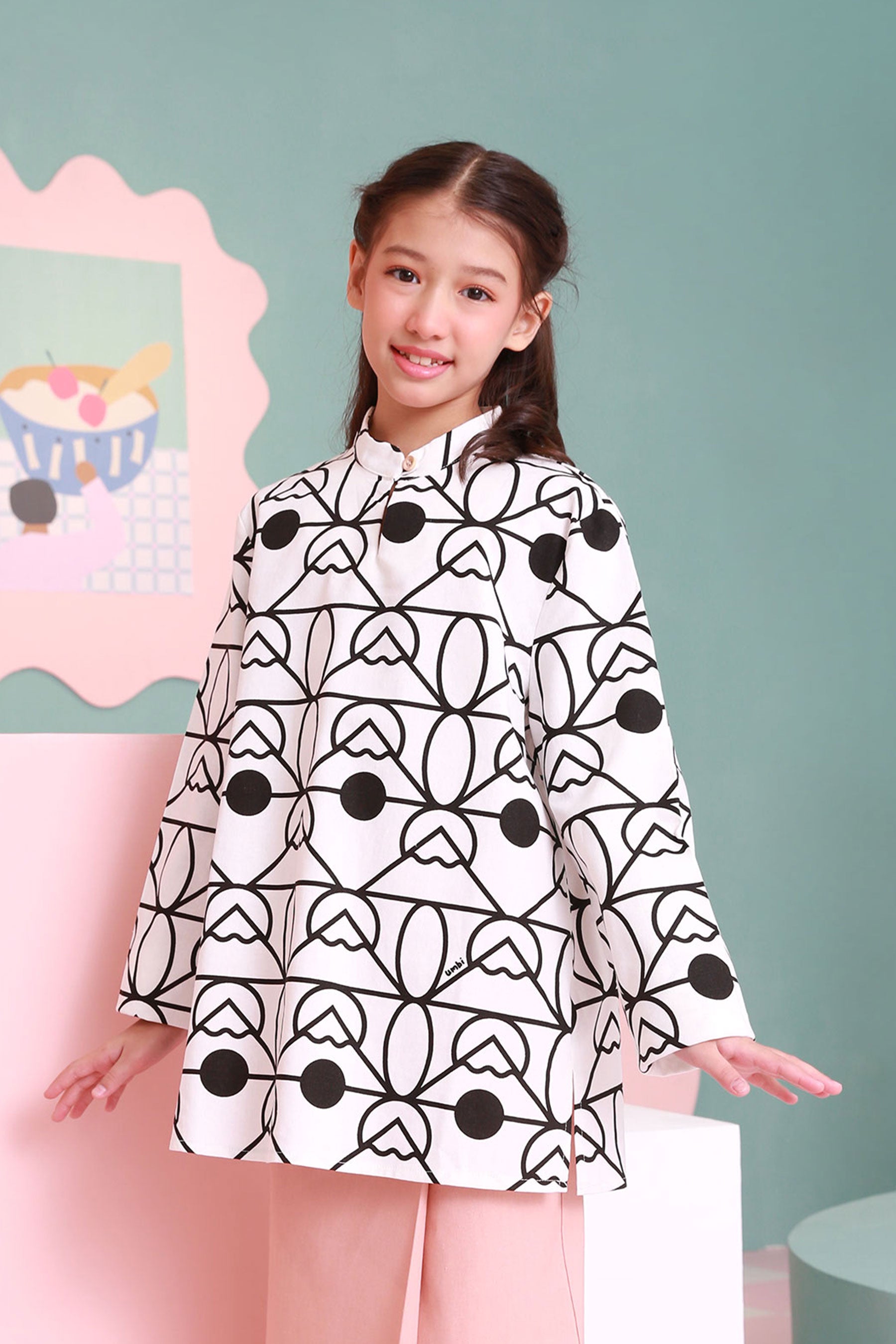 baju raya family sedondon kids girl kurung top mandarin collar cupcake print 