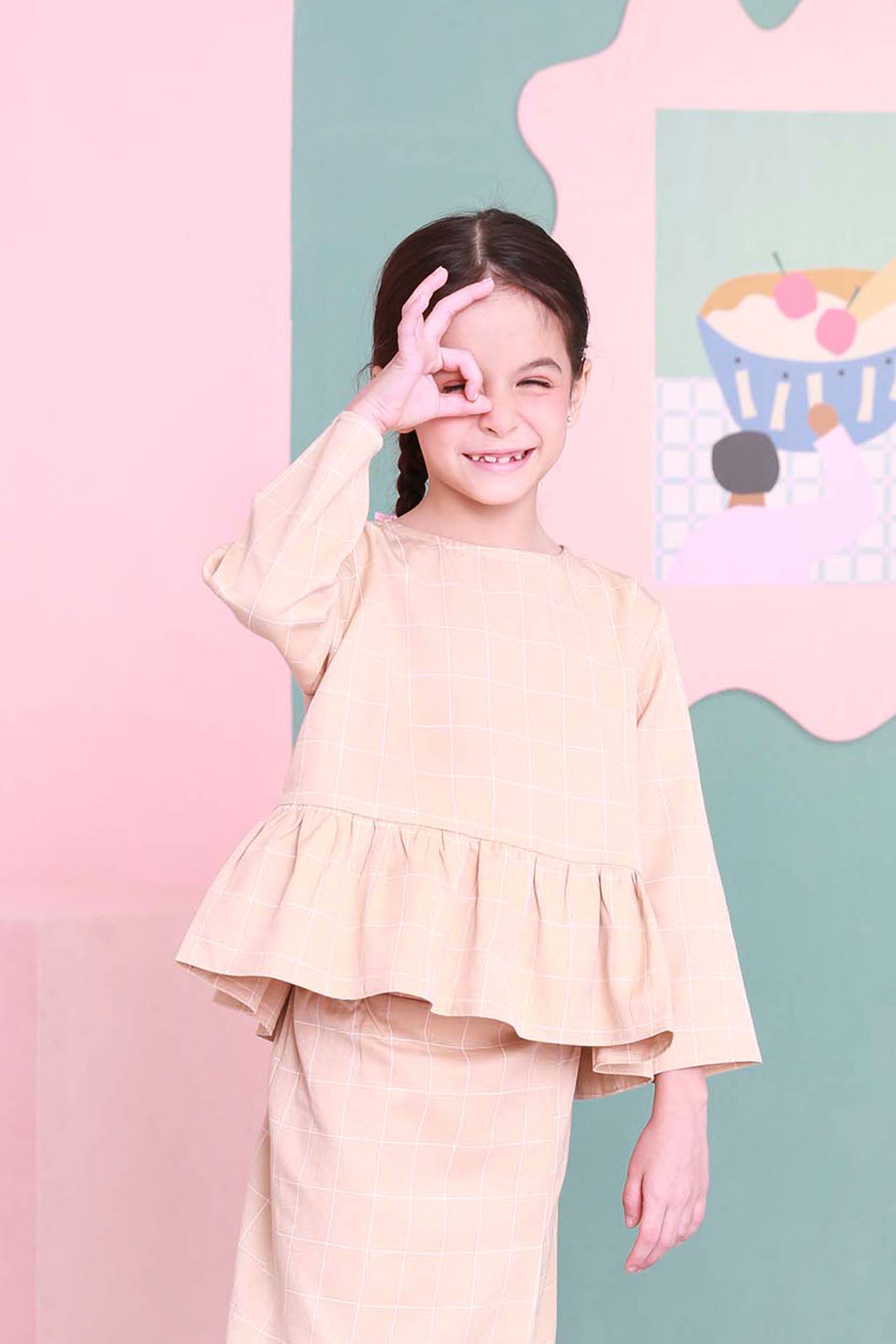 baju raya family sedondon kids girl petit ruffle blouse blush pink 