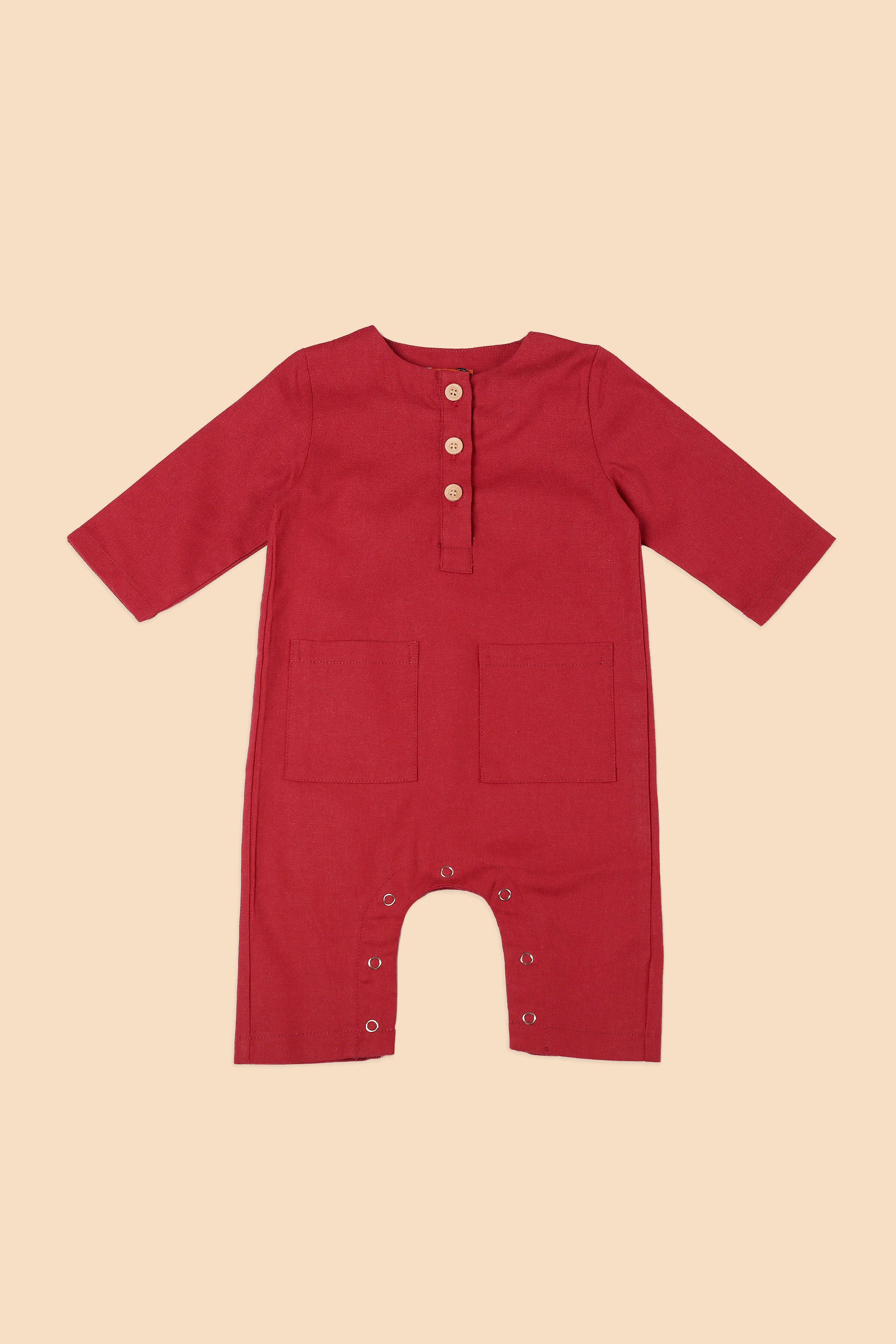 cotton linen baby rompers with button and pocket
