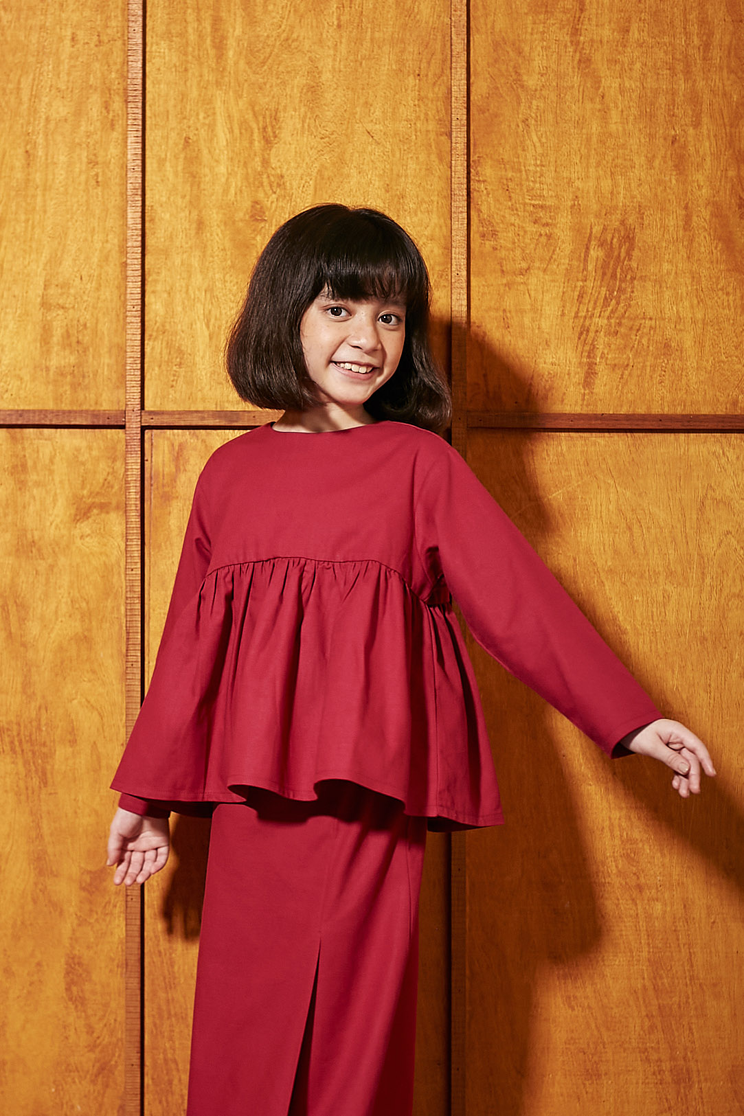 baju raya family sedondon kids girl ruffle blouse top red
