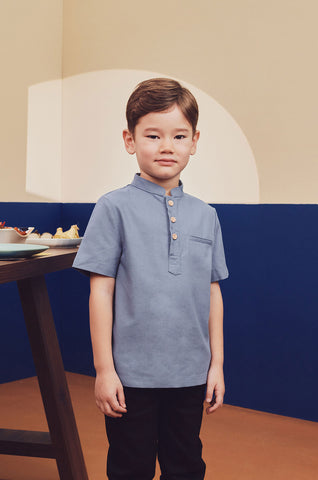 baju raya family sedondon kids boy short sleeves shirt pigeon blue