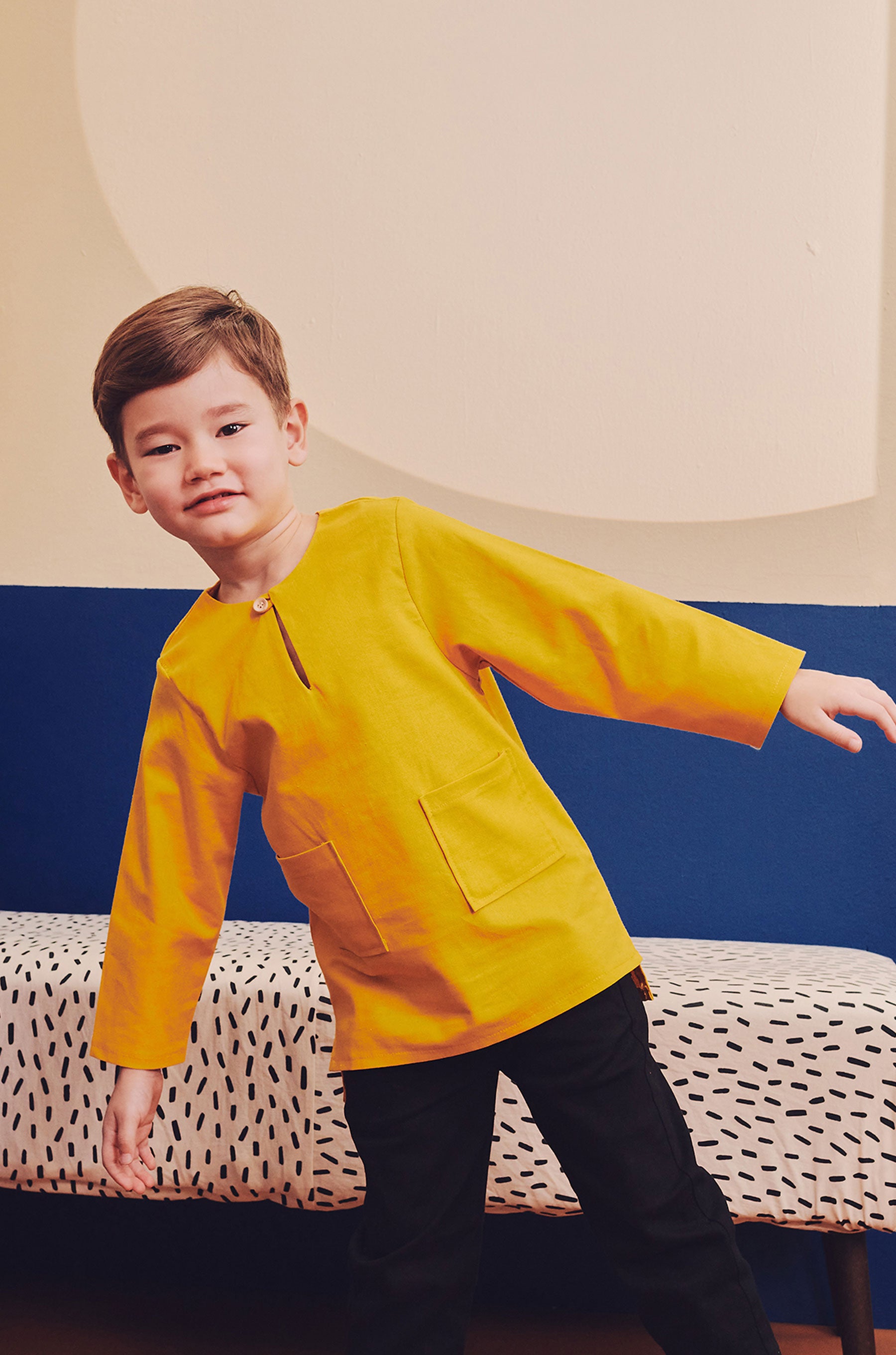 baju raya family sedondon kids boy kurta top slim fit teluk belanga mustard 