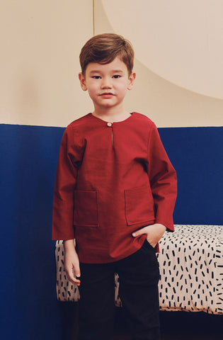baju raya family sedondon kids boy kurta top slim fit teluk belanga red
