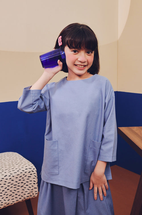 The Pesta Collection Girl Pair Pockets Boxy Blouse Pigeon Blue