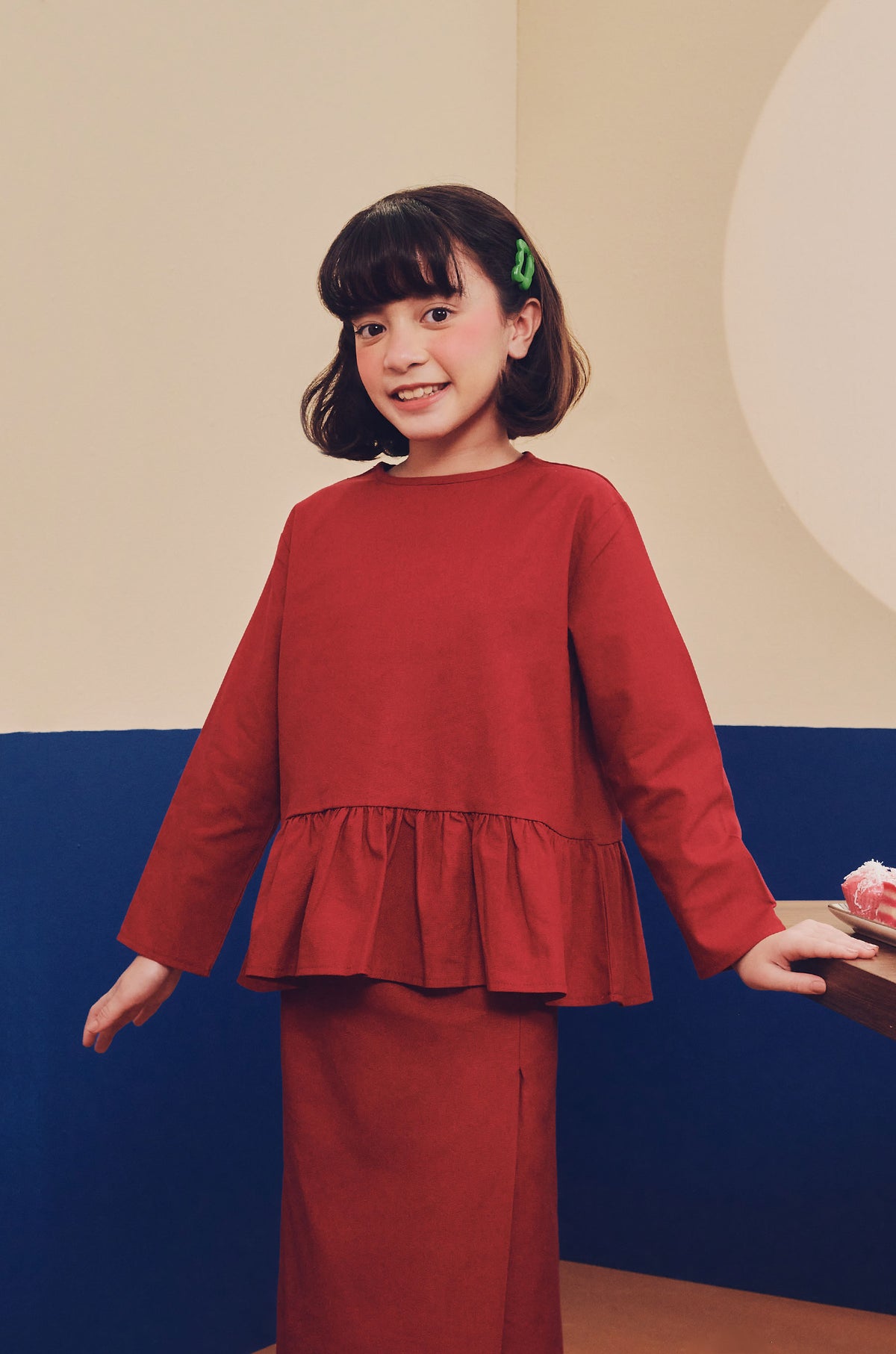 baju raya family sedondon kids girl petit ruffle blouse red