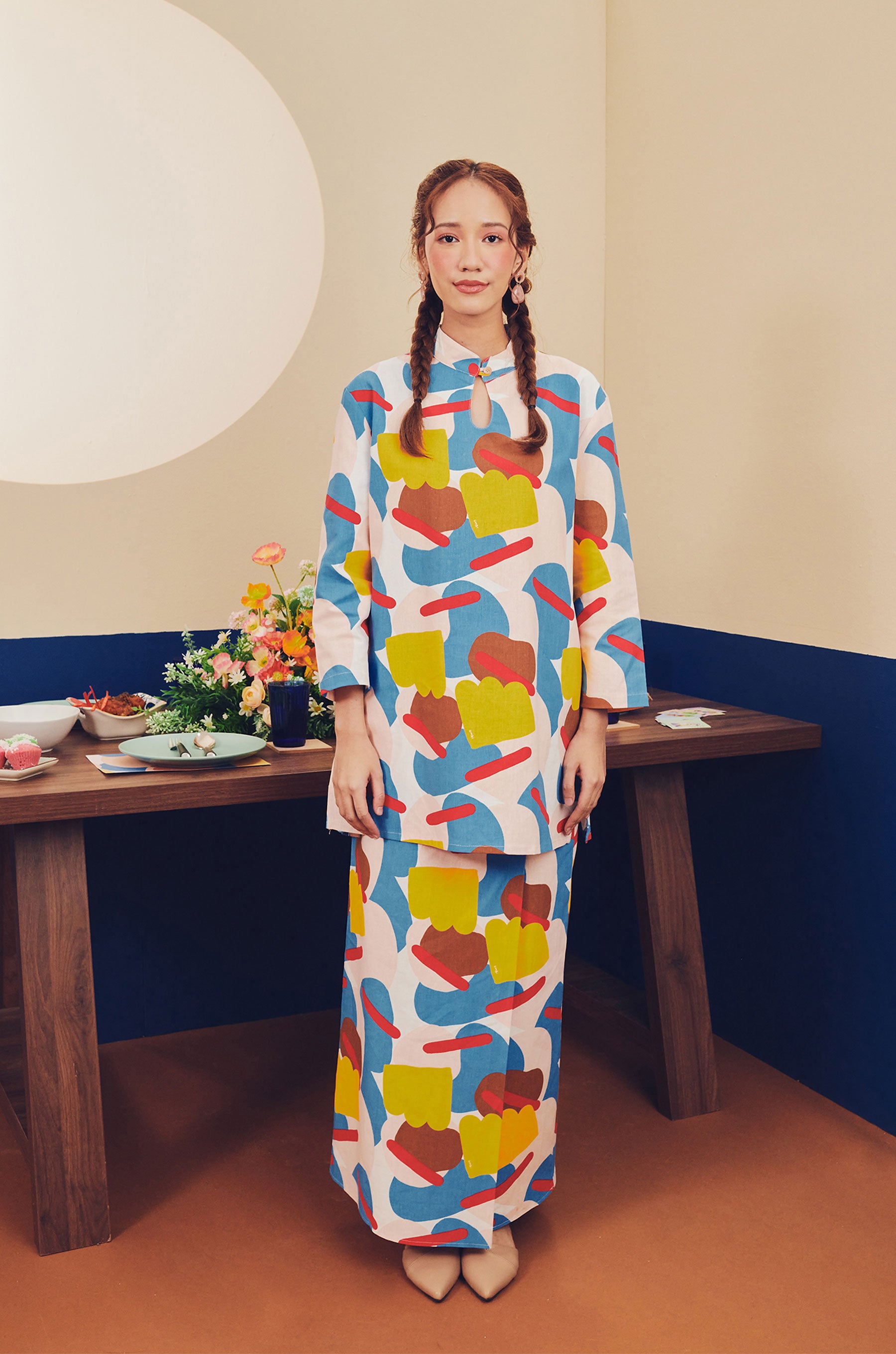 cotton linen women mandarin collar baju kurung top
