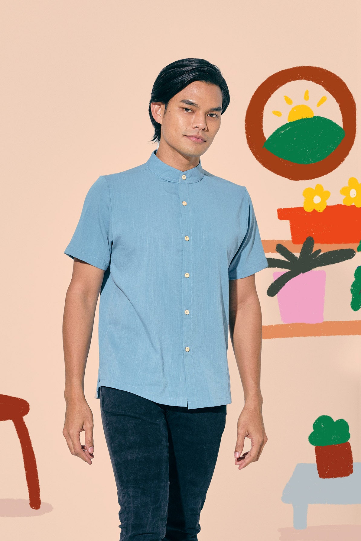 baju raya family sedondon adult men top button short sleeves shirt blue