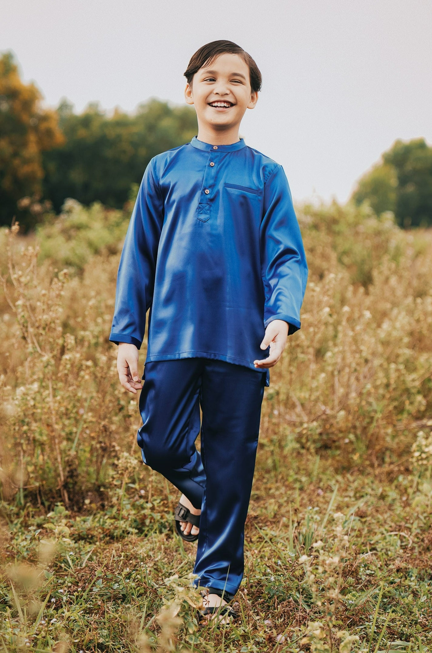 baju raya family sedondon kids boy baju melayu satin royal blue