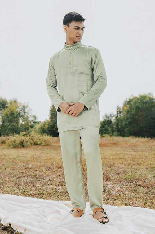 The Shawwal Collection Men Baju Melayu Set Matcha Green Satin