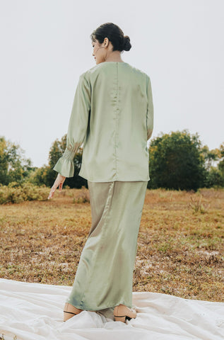 The Shawwal Collection Women Ruffle Sleeves Blouse Matcha Green Satin