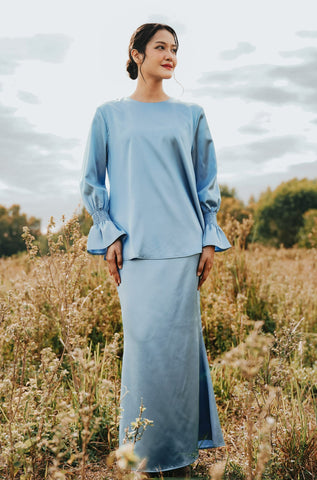 The Shawwal Collection Women Ruffle Sleeves Blouse Pigeon Blue Satin