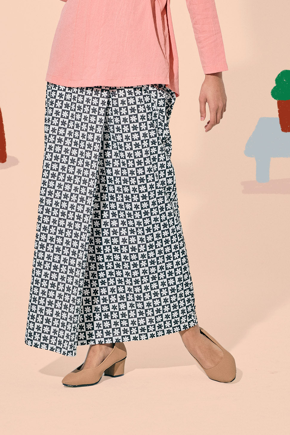 baju raya family sedondon adult woman classic skirt checked daisy print