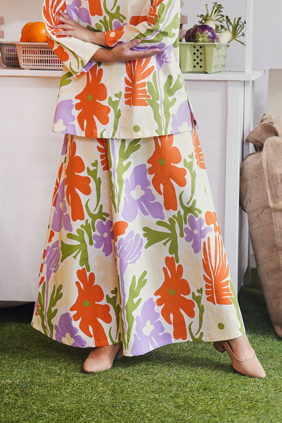 baju raya family sedondon adult women flare skirt fleur print