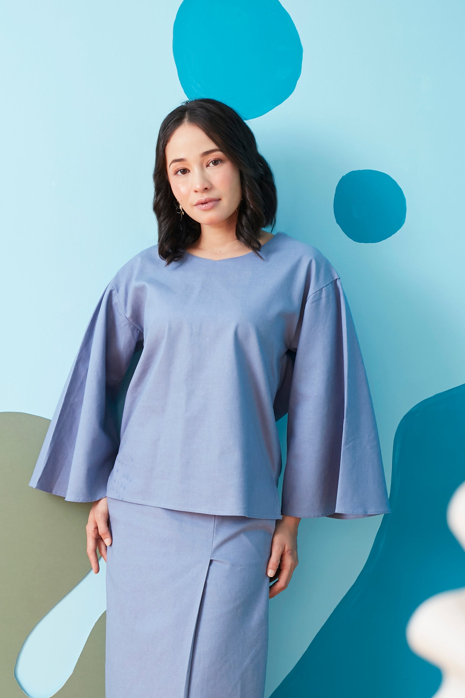 baju raya family sedondon adult women flare blouse pigeon blue